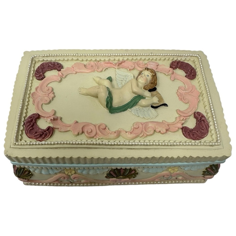 Vintage Sculpted Resin Jewelry Box Cherub With Harp Mirror Lift Out Tray